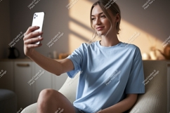 Young woman taking selfie in armchair phone casual Product Image 1