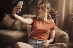 Woman taking selfie with phone on couch casual Product Image 1