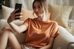 Woman taking selfie on couch phone casual Product Image 1