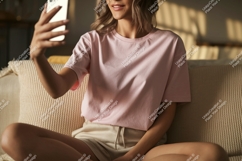 Woman taking selfie on couch phone pink Product Image 1