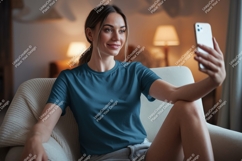 Woman blue shirt taking selfie phone Product Image 1