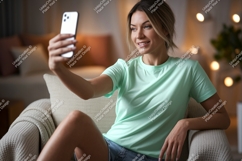 Woman taking selfie on phone couch casual Product Image 1