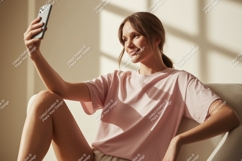 Woman taking selfie with phone pink t-shirt Product Image 1