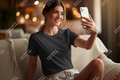 Woman taking selfie wearing dark t shirt Product Image 1