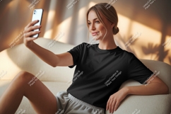 Woman taking selfie wearing black t shirt phone Product Image 1