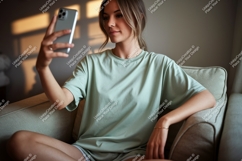 Woman taking selfie on phone couch indoor Product Image 1