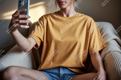 Woman wearing yellow t shirt and blue shorts image Product Image 1
