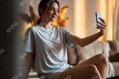Woman taking selfie wearing casual outfit phone home Product Image 1