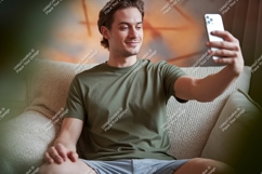 Young man taking selfie on couch phone casual Product Image 1