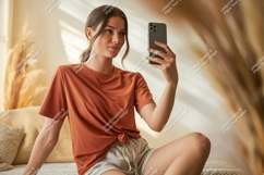 Woman taking selfie with phone casual home Product Image 1