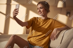 Woman taking selfie on sofa phone casual Product Image 1