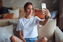 Woman taking selfie on couch phone home Product Image 1