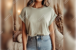 Woman Wearing Sage Green Tshirt Mockup Product Image 1