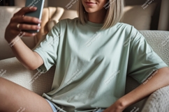 Woman wearing pastel t shirt holding phone t-shirt Product Image 1