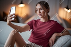 Woman taking selfie in maroon shirt phone Product Image 1