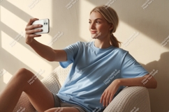 Blonde woman taking selfie in armchair phone Product Image 1