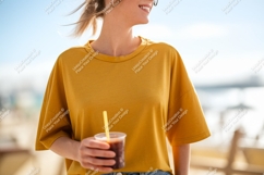 Woman yellow shirt holding drink straw Product Image 1
