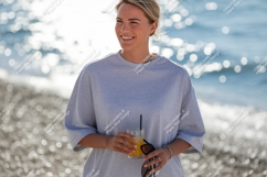 Woman holding drink at beach ocean sunglasses Product Image 1