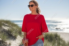 Woman red shirt sunglasses drink beach image Product Image 1
