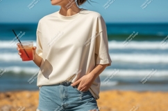 Cream shirt denim shorts beach drink image Product Image 1