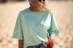 Mint green oversized t shirt holding drink image Product Image 1