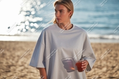 Woman holding drink on beach ocean sand Product Image 1