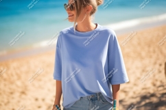 Blue t shirt woman beach sunglasses image Product Image 1