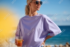 Woman holding drink sunglasses purple t-shirt Product Image 1