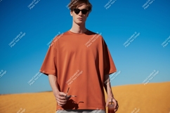 Man wearing orange t shirt sunglasses holding drink Product Image 1