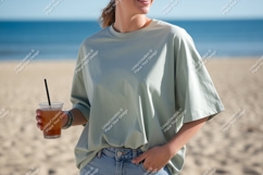 Woman wearing oversized shirt holding drink pale green Product Image 1