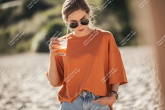 Woman drinking orange juice on beach sunglasses Product Image 1