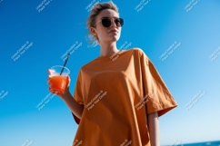 Woman holding orange drink under blue sky image Product Image 1