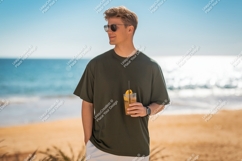 Man holding drink on beach ocean sunglasses Product Image 1