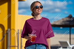 Woman wearing purple t shirt holding drink image Product Image 1