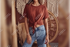 Woman In Tied Tshirt Mockup And Jeans Product Image 1