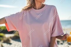 Pink shirt woman beach drink image Product Image 1