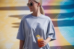 Woman holding drink wearing t shirt sunglasses Product Image 1