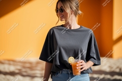 Woman holding drink sunglasses orange background image Product Image 1