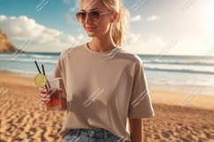 Woman holding drink on sandy beach ocean Product Image 1