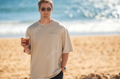 Man holding drink on beach sunglasses t-shirt Product Image 1