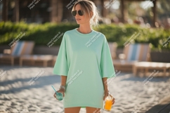 Woman wearing mint green t shirt holding drinks on beach Product Image 1