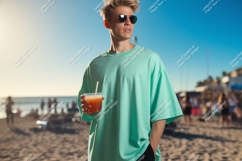 Young man holding drink on beach sunglasses ocean Product Image 1