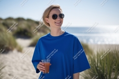 Woman blue shirt sunglasses holding drink beach image Product Image 1