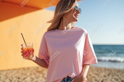 Pink shirt woman holding drink beach image Product Image 1