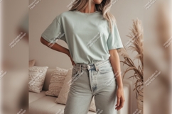 Woman Wearing Mint Tshirt Mockup Relaxed Fit Product Image 1