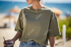 Olive green t shirt on woman at beach image Product Image 1