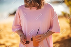 Pink shirt beverage sunglasses beach image Product Image 1