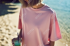 Pink shirt woman holding drink beach image Product Image 1