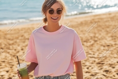 Pink shirt woman beach drink sunglasses image Product Image 1