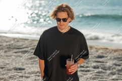 Man black shirt sunglasses beach drink image Product Image 1